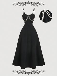 a black dress with pearls and a necklace