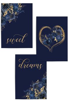 set-of-3-sweet-dreams-blue-and-gold-bedroom-prints Blue Gold Bedroom Ideas, Navy Blue Bedroom Decor Ideas, Gold And Blue Bedroom Ideas, Navy Blue And Gold Nursery, Navy And Gold Bedroom Decor, Blue And Gold Bedroom Wallpaper, Navy And Gold Art Deco Bedroom, Navy Blue Boho Bedroom, Navy And Gold Bedroom