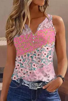 evaless pink floral henley tank tops for women button v neck floral graphic shirts Cheap Womens Tops, Cheap Tank Tops, Style Basic, Casual Tank Tops, Online Tops, White Tank Top, Pattern Floral, 3d Print, Print Tops