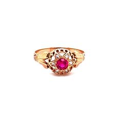 Such an eyecatch! This Victorian era ring is made in lush 18K gold and set with a synthetic red ruby in the center that shimmers in the light. Surrounding that mesmerizing stone is a halo of white diamonds that are pave set and total to .05ctTW. The head of the ring measures 9.41mm long, 9.71mm wide and sits 5.11mm tall. The ring is a size 7 and weighs 1.3DWT.  C9168BYVPM  --Please reference our policy for more details--***For International orders, please provide a phone number for shipping purp Heirloom Yellow Gold Ruby Signet Ring, Heirloom Ruby Signet Ring In Yellow Gold, Red Cluster Ring With Rose Cut Diamonds, Red Diamond Ring With Rose Cut Lab-created Ruby, Heirloom Style Red Ruby Ring With Brilliant Cut, Heirloom Red Gold Signet Ring, Yellow Gold Ruby Signet Ring Hallmarked, Red Diamond Rings With Rose Cut, Red Ruby Ring With Rose Cut Diamonds