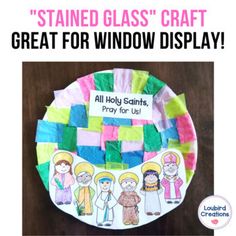 a paper plate that has been made to look like a stained glass craft with the words great for window displays