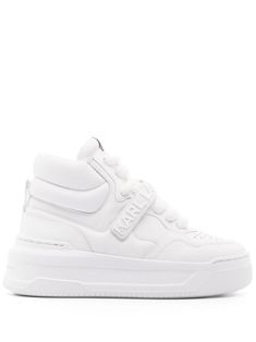 optical white calf leather panelled design ankle-length logo-embossed strap front touch-strap over lace-up fastening round toe branded insole chunky rubber sole Luxury High-top Sneakers With Boost Midsole, High-top Leather Platform Sneakers With Embossed Logo, Modern High-top Sneakers With Branded Insole, High-top Platform Sneakers With Logo And White Sole, Leather Platform Sneakers With Logo Detail And Round Toe, High-top White Platform Sneakers With Logo, White High-top Platform Sneakers With Logo, Sporty High-top Platform Sneakers With Logo, Modern White High-top Sneakers With Embossed Logo