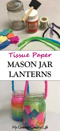 mason jar lanterns with tissue paper and scissors on the top, next to them are crafting supplies