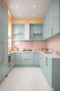 kitchen refresh ideas Pastel Lighting, House Aesthetics, Pastel Kitchen, Pastel Interior, Teal Kitchen, Dream Kitchens Design, Pastel House