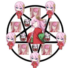 an anime character with pink hair is surrounded by many other characters in the same circle