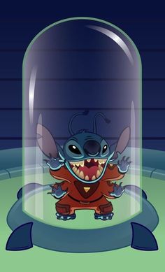 a cartoon character in a glass case with his mouth open and eyes wide open, smiling