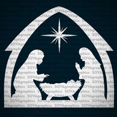 the nativity scene is depicted in white on a black background with an image of two people and a baby jesus