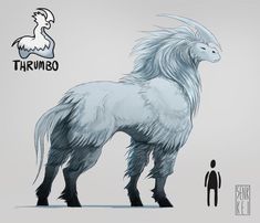 an animal with long hair standing in front of a white background and the words thrumbo on it