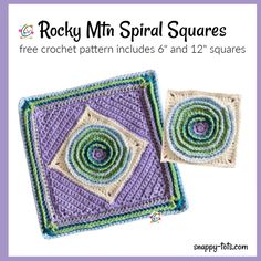 two square crocheted coasters with the words rockin spiral squares