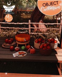 a wooden bench with apples and other fruit on it next to a sign that says object collection