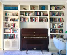 there is a piano in front of the bookshelves and on the wall are several shelves