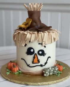 a cake decorated to look like a scarecrow with a hat on it's head