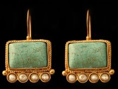 Artisan-crafted ancient jewelry replica. 24K gold-plated brass, inset with Turquoise and Pearls. Pins are alpaka silver. Art Jewelry Earrings, Unique Handmade Earrings, Historical Jewellery, Bronze Earrings, Turkish Jewelry, Earrings Inspiration, Ancient Jewelry, Classic Jewelry, Gorgeous Jewelry