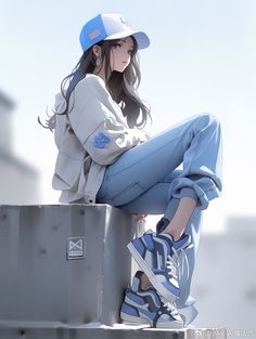 a young woman sitting on top of a metal box wearing a hat and blue jeans