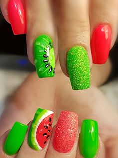 Green  Collar   Fruit&Vegetable Color Nails Embellished   Nail,Hand & Foot Care Bare Nails, Watermelon Nails, Bright Summer Nails, Dip Nails, Nagel Tips, Manicure Diy, Coffin Press On Nails, Beauty Goals, Stick On Nails