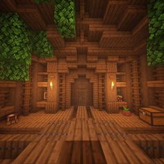 the inside of a house with wood floors and green plants on the walls, in minecraft