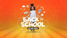 an advertisement for back to school with a girl in a white dress and black hat