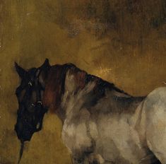 an oil painting of a horse standing in front of a wall