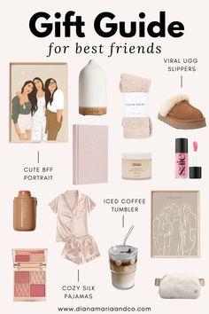 the gift guide for best friends is shown in black and white, with pink accents