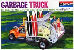 an advertisement for garage truck with surfboards in the back and two women standing next to it