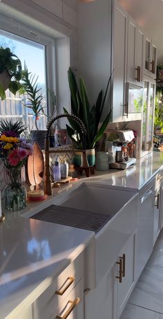 a kitchen filled with lots of counter top space next to a sink and window covered in potted plants