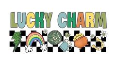 the lucky charm logo is shown in green, yellow and white stripes with shamrocks