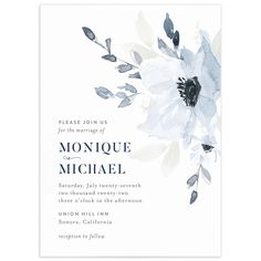 a white and blue floral wedding card with the words, please join us for the marriage of