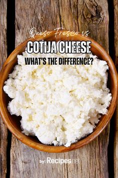 cottage cheese in a wooden bowl with text overlay that says cottage cheese what's the difference?