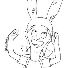 a drawing of a person wearing a bunny hat and holding their hands up in the air