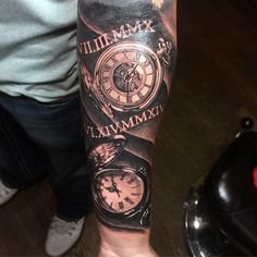 a man with a clock tattoo on his arm