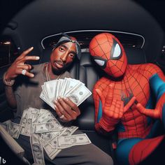 a man sitting in the back of a car next to a spiderman holding money