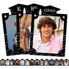 the graduation card is decorated with photos of two young men and one older man,