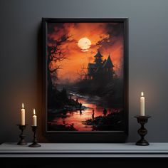 a painting on the wall next to candles