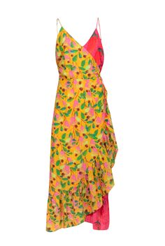 This Farm maxi dress features a playful, colorful fruit and chili pepper print in a bold yellow and pink color block. Made in lightweight textured cotton, this dress is perfect for a sunny vacation in Cabo or Tulum. Style with a platform wedge, statement earrings, and crossbody bag. Size XL 100% Cotton Fully lined Adjustable sleeveless straps Ruffled trim Bust 42" Waist 34" Shoulder to hem 57" Sleeveless Fruit Print Dress For Vacation, Summer Tropical Cotton Dresses, Summer Beach Dress With Fruit Print, Summer Cotton Multicolor Maxi Dress, Summer Garden Party Multicolor Print Maxi Dress, Beach Sundress With Fruit Print, Summer Cotton Maxi Dress With Vibrant Print, Vibrant Summer Maxi Dress, Summer Yellow Cotton Maxi Dress