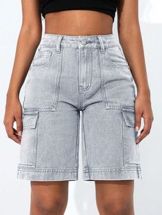 Women Solid Color Summer Casual Cargo Style Denim Shorts,Jorts Light Grey Casual   Denim Plain Straight Leg Non-Stretch  Women Clothing, size features are:Bust: ,Length: ,Sleeve Length: Women Denim Shorts, Summer Pants Outfits, Moda Denim, Estilo Denim, Mode Jeans, Cargo Style, Shorts Denim, Shorts Casual, Summer Pants