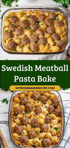 swedish meatball pasta bake in a casserole dish