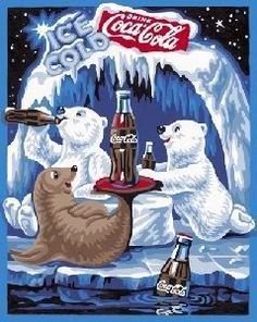 three polar bears are eating and drinking coca - cola