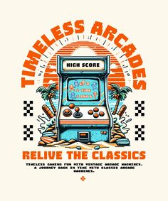 Take a nostalgic trip with the "Timeless Arcades" t-shirt design, featuring a vintage arcade machine scene. This editable template allows you to customize and relive the classic gaming era, perfect for fans of retro games. Celebrate timeless fun and high scores with this unique and vibrant design! __ #kittl #kittldesign #kittlai #tshirtdesign #apparel #gaming #illustration #graphicdesign #designtool #vectordesign #designinspiration Arcade Shirt Design, Cool School Shirt Designs, Arcade Game Illustration, Gaming Shirt Design, Retro Vintage Graphic Design, Illustration Shirt Design, Vintage Tee Shirt Designs, Graphic Shirt Design Illustrations, Tshirt Illustration Design