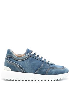 indigo blue cotton denim panelled design seam detailing contrast stitching round toe front lace-up fastening branded leather insole contrasting branded heel counter contrasting rubber sole Blue High-top Sneakers With Stitched Sole, Denim Sneakers With Rubber Sole For Streetwear, Lace-up Denim Sneakers With Rubber Sole, Casual Low-top Sneakers With Contrast Stitching, Denim Blue Sneakers With Rubber Sole, Sporty Denim Blue Lace-up Sneakers, Blue Denim Sneakers With Rubber Sole, Low-top Leather Sneakers With Contrast Stitching, Blue Denim Lace-up Sneakers