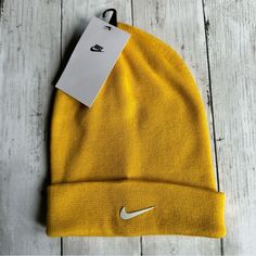 New With Tags Nike Beanie Hat Yellow Kids One Size Swoosh Hat Stock# Dog Casual Hat For Winter Sports, One Size Fits Most, Warm Sports Beanie Hat, Nike Winter Beanie Hat, Sports Beanie Cap One Size Fits Most, Sports Beanie One Size Fits Most, Sports Beanie Cap, Nike Casual Winter Hats, Casual Beanie Hats For Sports, Casual Nike Winter Hat