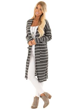 Charcoal Grey and Cream Stripe Cardigan with Pockets Beautiful Sweaters, Stripe Cardigan, Cardigan With Pockets, Beautiful Sweater, Striped Cardigan, Hot Outfits