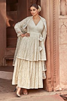 Shop for these amazing collections of Off White Angrakha: Cotton Mulmul And Mul Layered Anarkali With For Women by PREEVIN online at Aza Fashions. Georgette Dress Western, Angarkha Anarkali, White Angrakha, Angrakha Style Anarkali, Angrakha Anarkali, Sheer Dupatta, Anarkali With Dupatta, White Anarkali, Angrakha Style