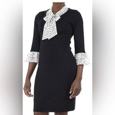 Product Features Ruffled Accents At The Neckline And Sleeves Mock-Layer Desig Unlined 3/4-Length Sleeves Fit & Sizing 38-In. Approximate Length From Shoulder To Hem Sheath Cut Fabric & Care Rayon, Polyester Machine Wash - Delicate Imported Elegant Polka Dot Dress For Work, Elegant Mini Dress With Polka Dot Pattern, Elegant Polka Dot Knee-length Mini Dress, Elegant Polka Dot Dresses For Fall, Fitted Polka Dot Dress For Winter, Elegant Polka Dot Mini Dress With Ruffles, Black Sweater Dress, Dress Chiffon, Black Sweater