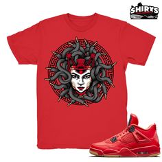 "Air Jordan 4 shirts to match the Retro Jordan 4 Fire Red NRG sneaker release. \"Medusa Laced\" - Shirt Design by Shirts4Sneakers. * Please note that the sneaker DOES NOT come with the t-shirt. [The sneaker is only intended to show the sneaker match] * Please allow 4-5 business days for handling time. * 4.5 oz - 100% Ring Spun Cotton - Anvil Fashion Tee * All shirts are made to order with high-quality direct to garment print. * For sizing please refer to our sizing chart. POSITIVE Feedback is im Retro Jordan 4, Jordan 4 Fire Red, Retro 4, White Tee Shirts, Sneaker Release, Red Tee, Red Shirt, Red Fire, Lace Shirt