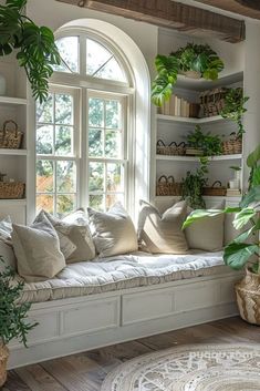 a living room filled with lots of furniture and plants on top of windowsills