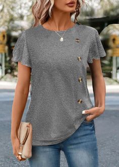 ROTITA Button Grey Round Neck Short Sleeve T Shirt Fall Crew Neck T-shirt With Button Closure, Trendy Crew Neck Top With Buttons, Casual Crew Neck Blouse With Buttons, Crew Neck T-shirt With Buttons For Fall, Fall Crew Neck T-shirt With Buttons, Trendy Short Sleeve Tops With Buttons, Fall Short Sleeve Tops With Snap Buttons, Trendy Short Sleeve Buttoned Tops, Trendy Gray Button-up Top