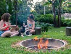 two women sitting in front of a fire pit with their dogs drinking wine and talking