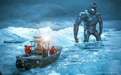 a man standing on top of a boat in the ocean next to an iceberg