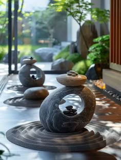 some rocks are stacked on top of each other in the middle of a garden area