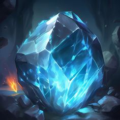 an icy blue crystal ball sitting on top of rocks in the dark night with fire coming out of it